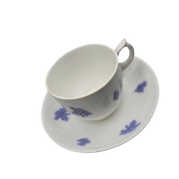 ANTIQUE Chelsea Blue Porcelain Bone Cup Saucer Adderley Embossed Leaf Raised - Picture 2 of 6